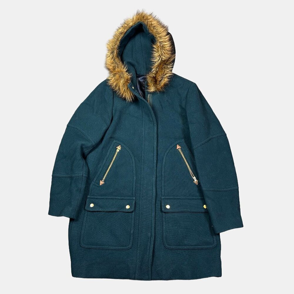 J. Crew Chateau Coat Italian Stadium Cloth Wool Green Hooded Womens Size 16 TALL